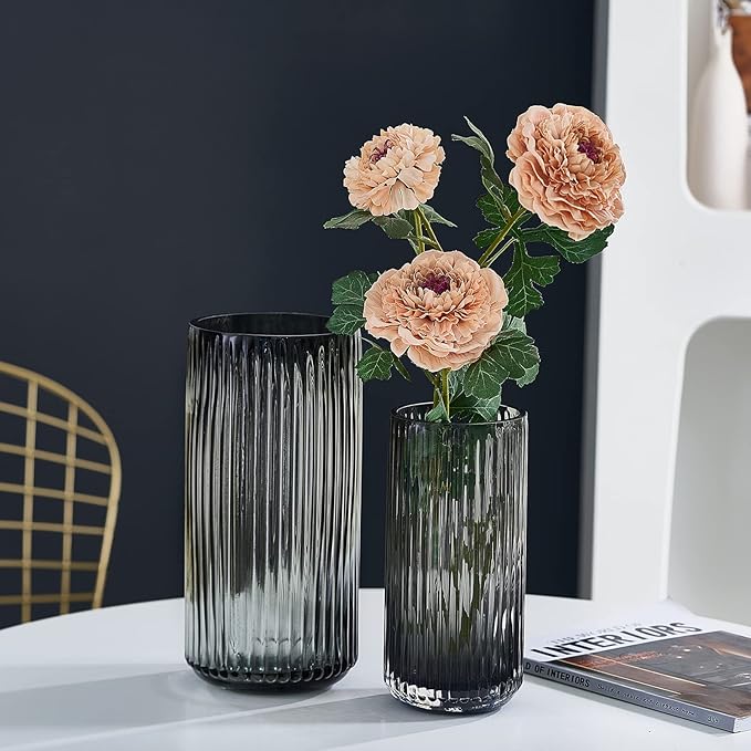 Flower Vase 7.5 inch Grey Thickened Hand Blow Glass Vase Round Vintage Striped Bottles for Bookshelf,Dinner Table,Indoor Office Desktop,Meeting Room,Bathroom,Countertop,Home