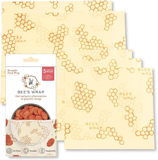Bee's Wrap Beeswax Wraps for Food - Made in USA Reusable & Organic Food Wraps & Bowl Covers - Eco-Friendly Alternative to Aluminum Foil & Plastic Wrap, Honeycomb 5 Pack (2L, 3M)