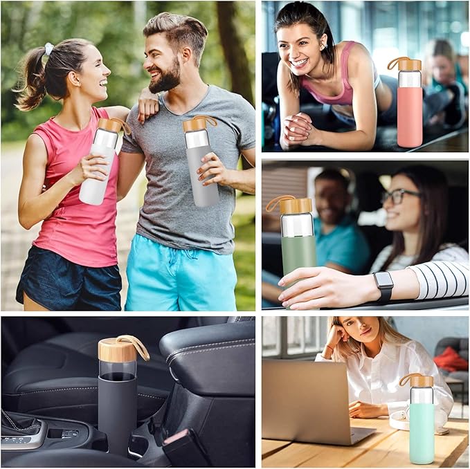 25 Oz Borosilicate Glass Water Bottles with Silicone Sleeve BPA Free, Dishwasher Safe - Reusable Clear Glass Drinking with Leak Proof Bamboo Lid | Perfect Gym Water Bottles for Men & Women