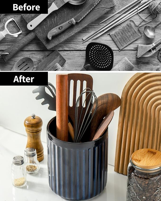 Hasense Ceramic Utensil Holder, 7.3" x 6.2" Ribbed Utensil Crock for Farmhouse Decor, Porcelain Cooking Utensil Holder for Kitchen Countertop, Utensil Organizer for Housewarming Gift, Navy Blue