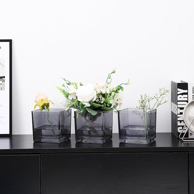Square Glass Vases Set of 6, 4" x 4" x 4" Square Flower Vases for Centerpieces, Grey Vase for Flowers, Small Vase for Wedding, Party, Home Office Decoration