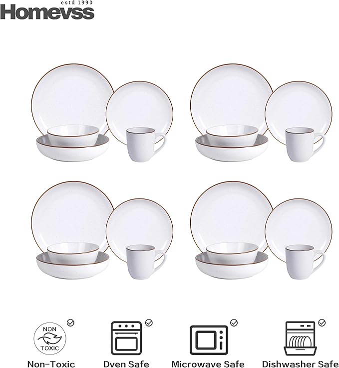 HomeVSS 20-Piece Dinnerware Set - Serves 4, Matte White plates and bowls sets with Speckle Effect for Microwave & Dishwasher Safe