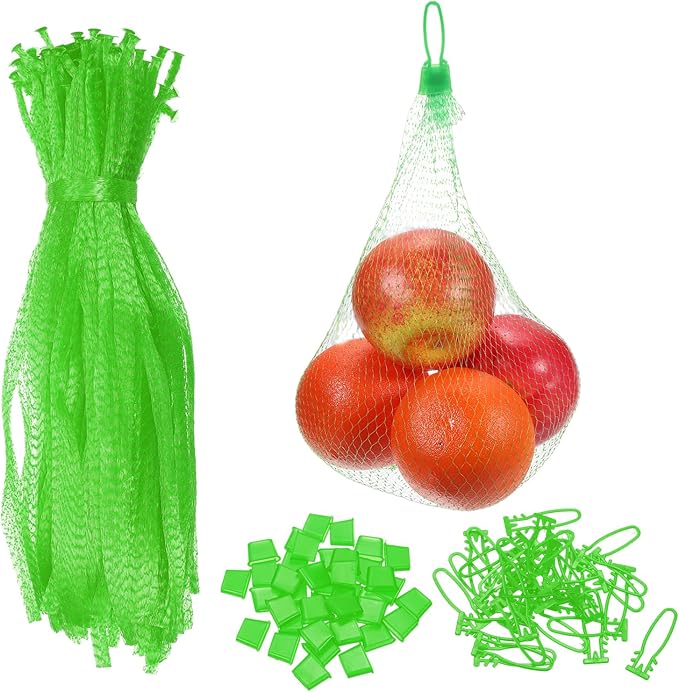 uxcell 100 Pcs Reusable Mesh Produce Bags, 30cm/12 Inch Washable Net Storage Bags Reusable Grocery Reusable Storage Bags with Plastic Buckle for Fresh Fruit Vegetables Seafood, Green