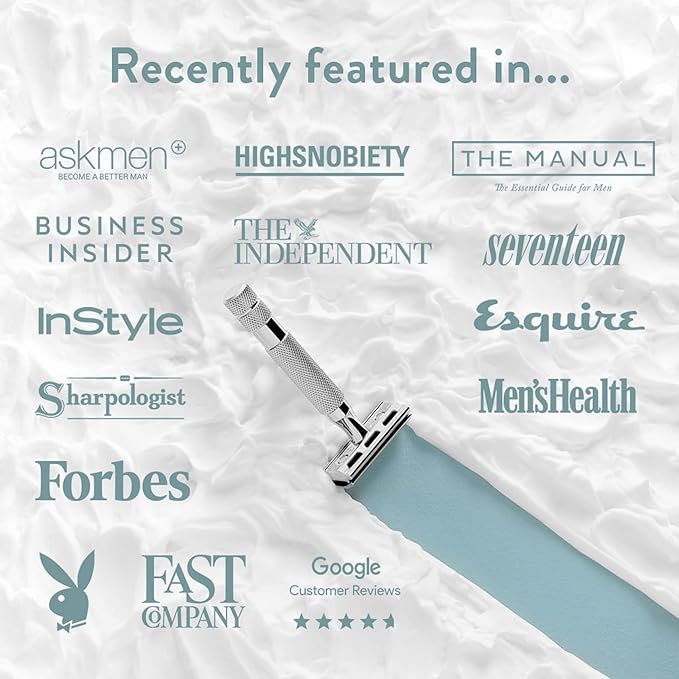 Rockwell Razors T2 Adjustable Safety Razor in White Chrome. Infinite Shave Settings for all Skin Types. Twist-To-Open Mechanism. Includes 5 Fully Recyclable Razor Blades. Built to Last a Lifetime.