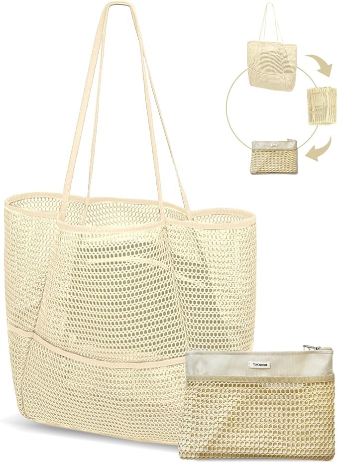 Mesh Beach Tote Bag Packable,2025 New 2-in-1 Large Lightweight Foldable Beach Bags with Multiple Pockets for Women