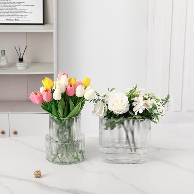 Ribbed Glass Vases, Set of 2 Fluted Vases for Flowers, Clear Vase for Tulips, Modern Glass Vase for Living Room, Dining Table, Office, Entryway, Mantle, Bookshelf, Wedding Gifts