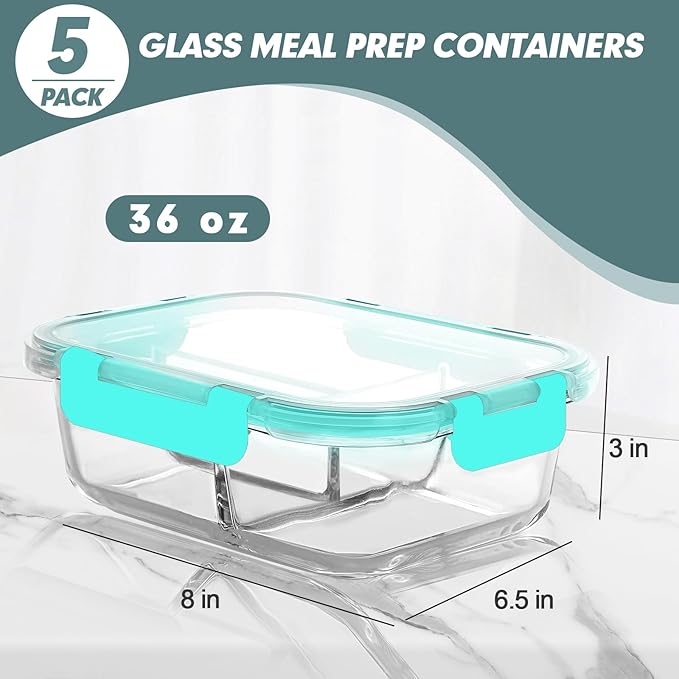 KOMUEE Glass Meal Prep Containers 3 Compartments, 5 Pack 36 oz, Glass Food Storage Containers with Lids, Airtight Lunch Bento Box, Portion Control, Freezer and Microwave Safe, Green