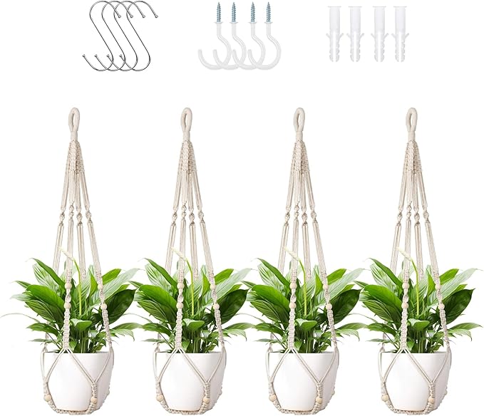 Macrame Plant Hanger Indoor Set of 4 with 8 Hooks, Indoor Outdoor Hanging Planter for Plants Holder with Decorative Wood Beads & No Tassels, Boho Home Decor, 35 Inch Ivory (Pots Not Included)