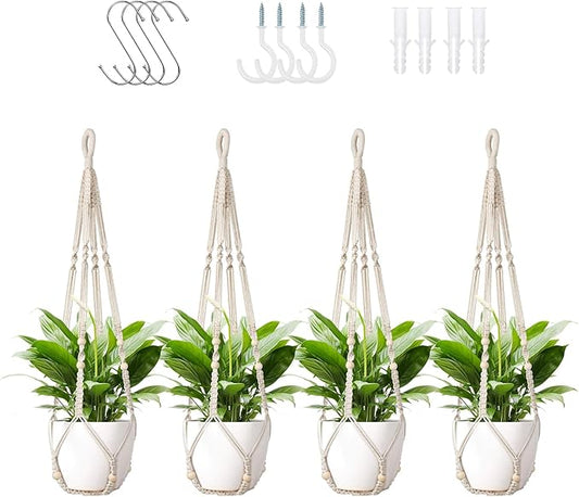 Macrame Plant Hanger Indoor Set of 4 with 8 Hooks, Indoor Outdoor Hanging Planter for Plants Holder with Decorative Wood Beads & No Tassels, Boho Home Decor, 35 Inch Ivory (Pots Not Included)
