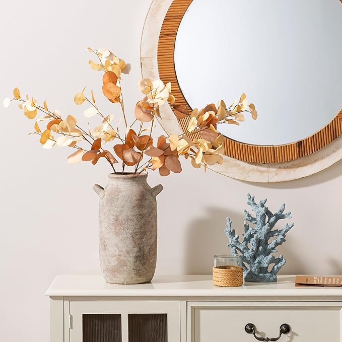 Large Flower Vase Home Decor - 12 inch Tall Ceramic Farmhouse Rustic Table Vases with Handle Living Room Decoration Decorative Modern Pottery for Floor Kitchen Shelf Coffee Dining Desk Fireplace