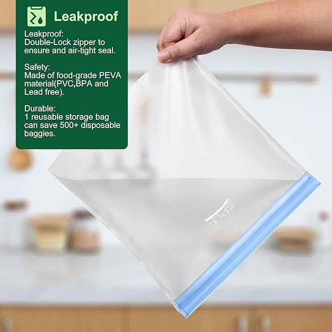 SPLF 8 Pack Stand-Up Reusable Half Gallon Freezer Bags Dishwasher Safe, Extra Thick Leakproof 1/2 Gallon Food Storage Bags, BPA Free Silicone for Meal Prep, Marinate, Veggies, Fridge Organization