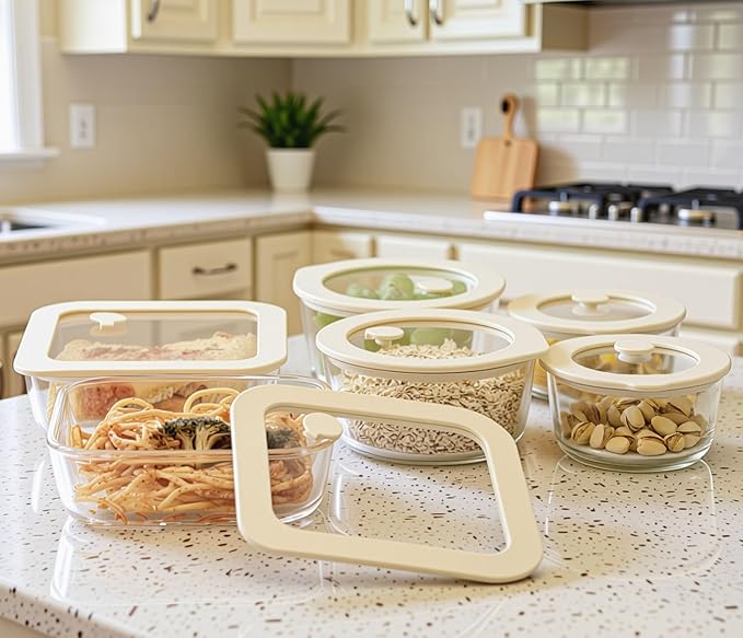 Urban Green Glass Food Container Set with Glass Lid, 6 Pack, Food Storage Containers Set, Airtight, LeakProof, Micowave Safe, 100% Plastic Free, Meal Prep Containers (White Color)