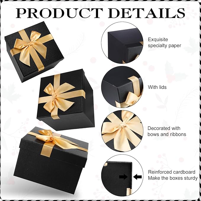Tenceur 10 Pcs Gift Boxes with Lids Heavy Duty Nested Assorted Sizes Cardboard Gift Boxes for Presents with Ribbon for Xmas Holiday Present(Black, Gold,10 Size)
