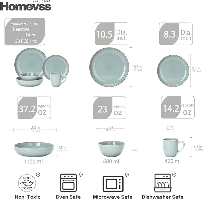HomeVSS 20-Piece Dinnerware Set - Serves 4, Bright Glaze Grey plates and bowls sets with Speckle Effect for Microwave & Dishwasher Safe