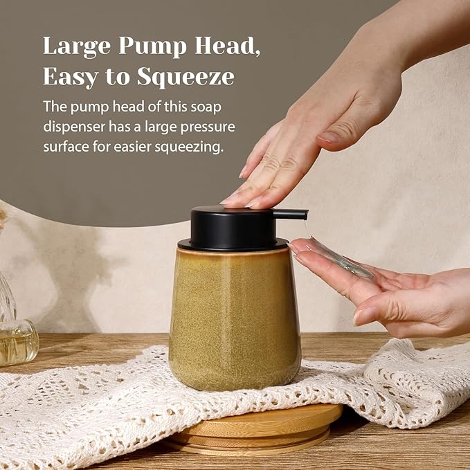 INGOFIN Ceramic Lotion Dispenser - 12 oz Refillable Hand Soap Dispenser Bathroom, Modern Liquid Soap Dispenser with Pump, Dish Dispenser for Kitchen,Kiln-Glazed Earthy Yellow