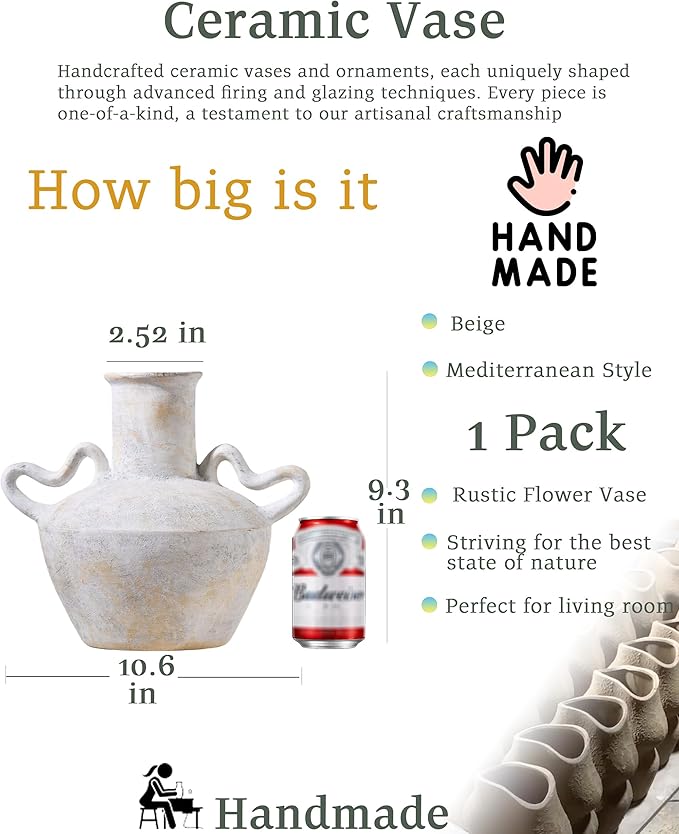UPWOIGH Ceramic Flower Vase, 9.3 inch Tall Off-White Farmhouse Rustic Vase, Handcrafted Weathered Handles Pottery Vases, Large Flower Terracotta Vases for Home Decor, Living Room, Table, Shelf
