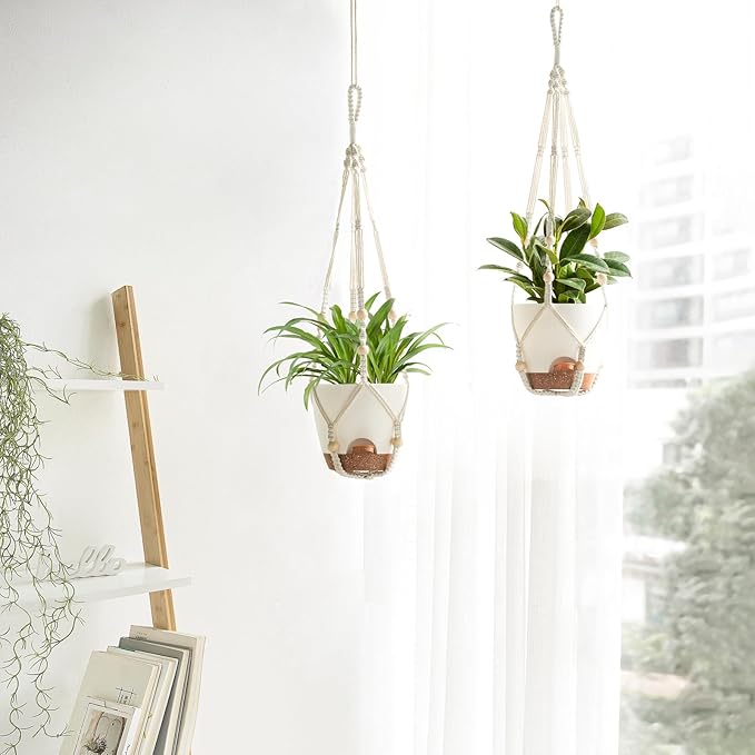 Mkono 6.5 Inch Hanging Planters, Macrame Plant Hangers with Self Watering Plant Pots Indoor Set of 2 Hanging Baskets Flower Pot Holders with Hooks No Tassels for Boho Home Decor, Ivory