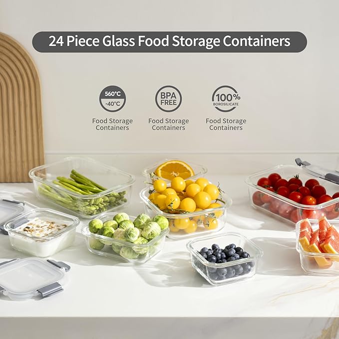 24 Pieces Glass Food Storage Containers with Lids,Glass Meal Prep Containers Set with Locking Lid,Airtight Glass Lunch Container for Kitchen,BPA Free(12 Lids & 12 Containers)