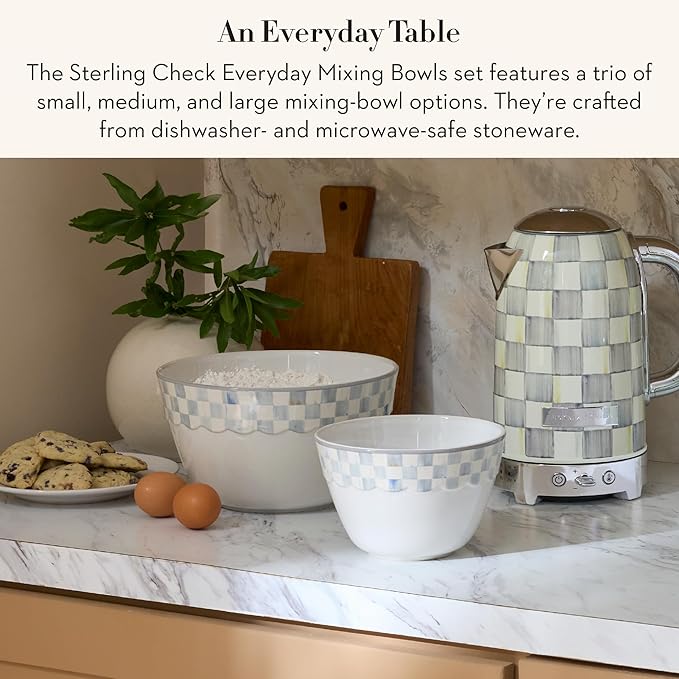 MACKENZIE-CHILDS Set of 3 Everyday Mixing Bowls, Small, Medium, and Large Stoneware Bowls for Kitchen Use, Gray-and-White Sterling Check