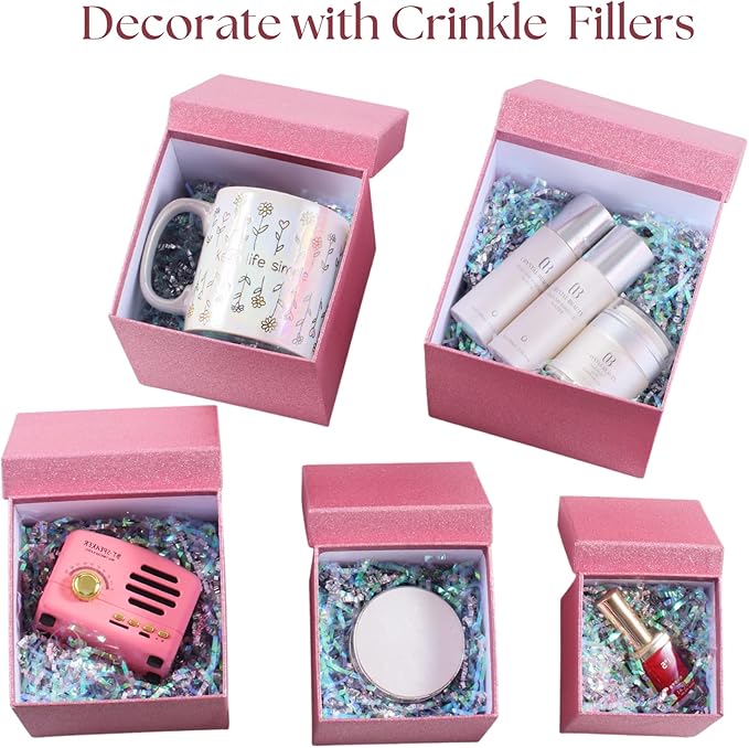 UNIQOOO 5Pcs Christmas Pink Glitter Gift Box Set w/Lid, Assorted Size, Rose Gold Square Nested Wedding Paper Box Tower Organizer for Party, Thanksgiving, Gift Wrap Packaging