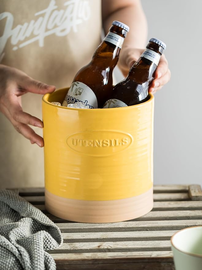 YHOSSEUN Kitchen Utensil Holder for Countertop, Ceramic Utensil Holder for Kitchen Counter, Cooking Utensil Crock for Spatula, Oval Shape, Yellow