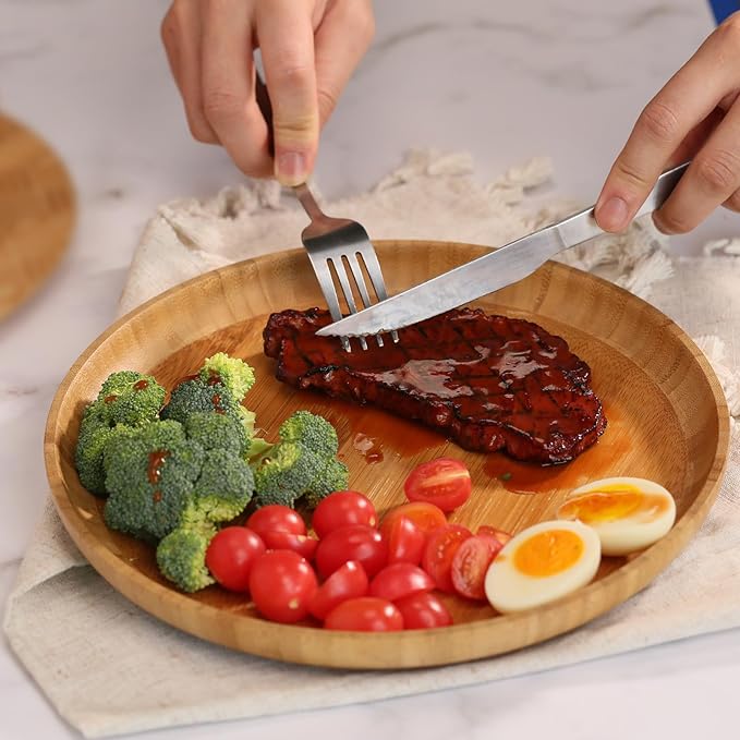 Bamboo Wooden Dinner Plates Set of 2, 10 inch Decorative Serving Tray for Coffee Table and Home Decor, Round Serving Platters and Trays for Pasta/Fruit/Charcuterie, Reusable Charger Plates