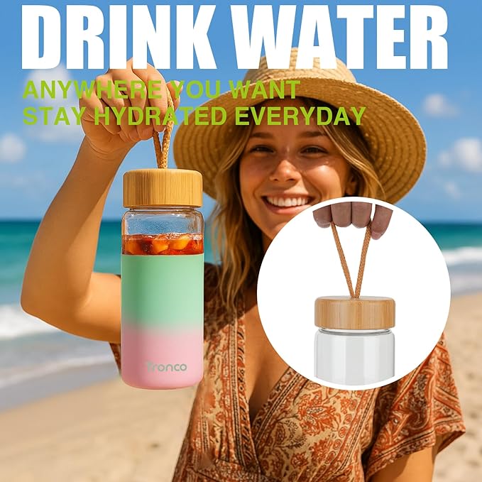 Tronco 20oz Borosilicate Glass Water Bottle with Bamboo Lid, Non-Slip Silicone Sleeve, Leak-Proof and Reusable Glass Bottle Perfect for gifts,Travel, Gym, and Everyday Use, BPA-Free, Dishwasher Safe