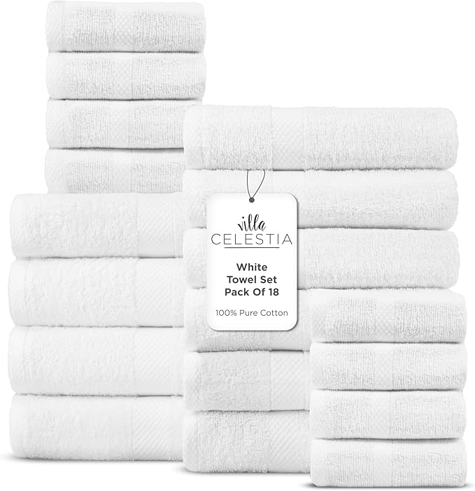 100% Cotton Bath Towel Set of 18-4 Bath Towels, 6 Hand Towels, 8 Wash Cloths, Sustainable, Soft, Highly Absorbent, Combed Cotton 18 Piece Set for Hotels, Spa, Bathroom, Dorm, White