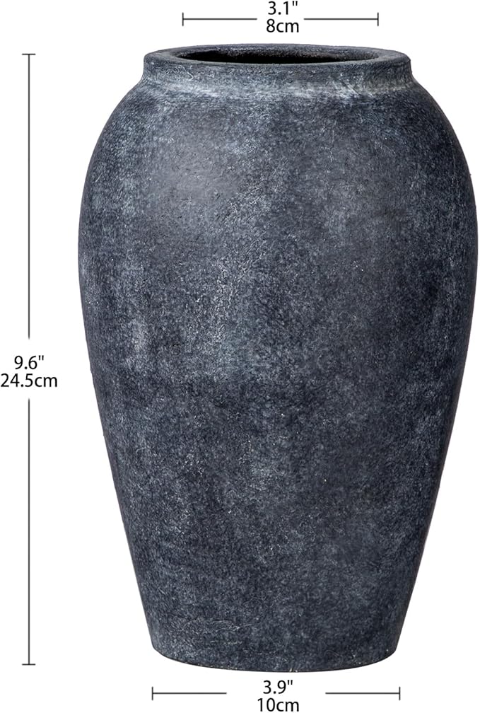 Handmade Flower Vase, 9.6" Tall Terracotta Vase, Vintage Ceramic vase, Rustic Antique Vase Décor, Wide Mouth, Matte Finish for Home Office Resto Café Décor