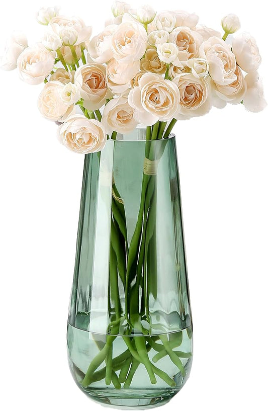 Modern Large Glass Vase H-9.8" Green Vases for Flowers, Centerpieces and Decorative Accents - Tall Plant Vase for Office Home Table Decor