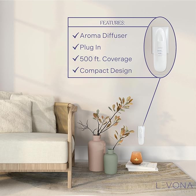 Levona Scent Essential Oil Diffuser - Plug in Air Freshener for Home, Household Supplies & Hotel, Waterless Diffuser & Nebulizer, 500 sqft - Abela 100, White (Button Control, 120ml Oil Included)