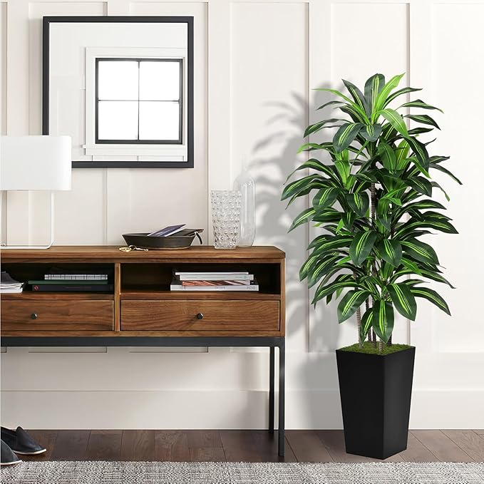 Artificial Dracaena Tree 5FT - Fake Tree with Black Tall Planter - Faux Yucca Tall Fake Floor Plant in Pot - Artificial Plant for Home Office Living Room Decor Indoor
