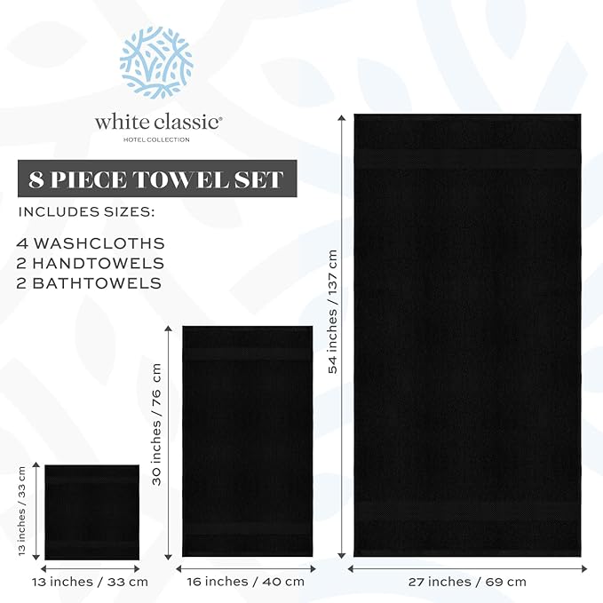 White Classic Luxury Bath Towel Set of 8 Pieces - 100% Turkish Cotton Highly Absorbent Towels for Bathroom, 2 Luxury Bath Towels 700GSM, 2 Hand Towels, 4 Washcloths, Black