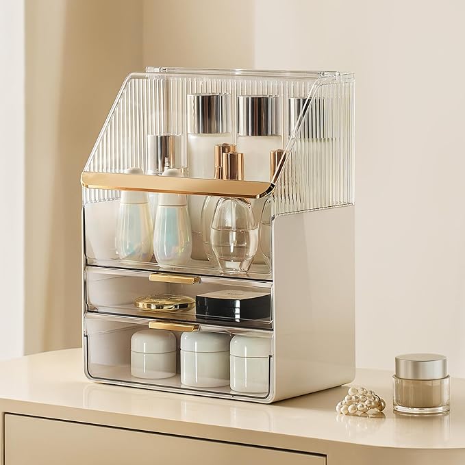 JOYMOOP Makeup Organizer with Transparent Cover, Skincare, Lipstick and Perfume Storage, Cosmetic Organizer, Makeup Box for Bathroom Countertop or Vanity Desk, White & Gold