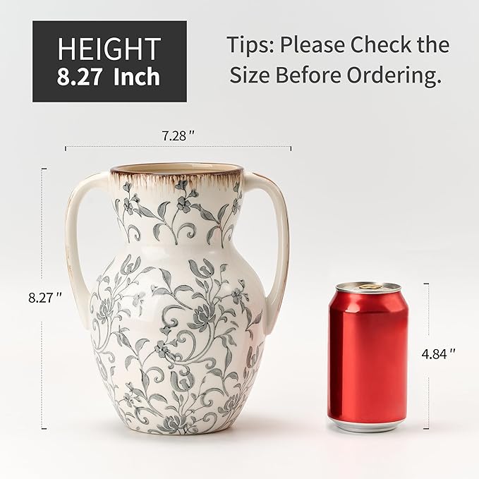 Gray and Beige Farmhouse Vintage Vase with 2 Handles, Chinoiserie Floral Vase, Rustic Ceramic Vases for Home Decor, Wedding, Living Room, Table, Shelf Decor - 8.3 Inch Tall