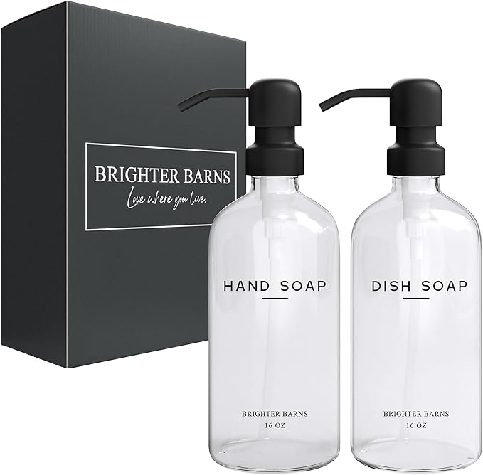 Clear Glass Hand and Dish Soap Dispenser Set by Brighter Barns - Kitchen Soap Dispenser Set & Pump - Glass Bottles for Kitchen Sink - Neutral Home Decor, Modern Farmhouse Bathroom Accessories (Clear)