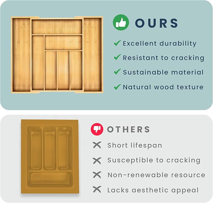 Sben Expandable Drawer Organizer for Utensils Holder, Adjustable Cutlery Tray, Wood Drawer Dividers Organizer for Silverware, Flatware, Knives for Kitchen (Bamboo)