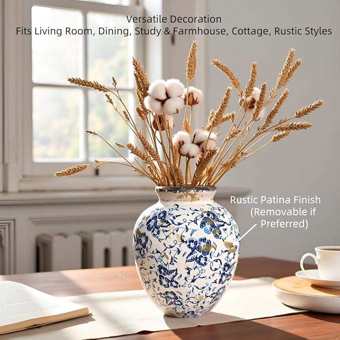 Vintage Blue and White Floral Ceramic Vase – Round Pottery Terracotta Jar for Home Decor, Rustic Farmhouse Boho Table Centerpiece, Fresh or Dried Flower Holder, 7.9 Inch Decorative Accent