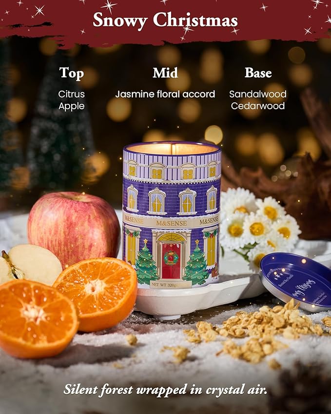 M&SENSE Snowy Christmas Candles, Winter Scented Holiday Soy Candles for Home, 11.3oz 70 Hour Non Toxic Long Burning, Cozy Aromatherapy Christmas Gifts for Women Men