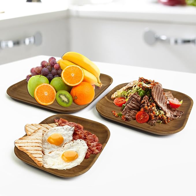 MinBoo Wooden Acacia Plates set of 3, 9-6Inch Wood Acacia Serving Trays, Farmhouse Kitchen Plates, Reusable Wooden Dishware for Dining, Appetizers, Snacks, Parties (square)