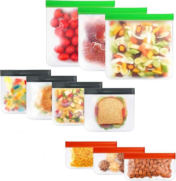 10-Pack Reusable Silicone Food Storage Bags – BPA-Free, Leakproof Ziplock Set | Includes 3 Snack, 4 Sandwich & 3 Gallon Sizes | Eco-Friendly & Freezer-Safe for Meal Prep & Food Storage