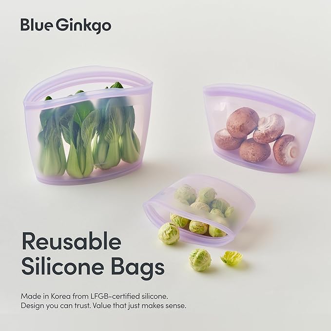 Blue Ginkgo Reusable Silicone Storage Bags – 4-Pack | Korean-Made Stand Up Food, Freezer Bags - Lavender