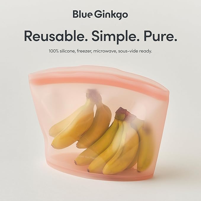 Blue Ginkgo Reusable Silicone Storage Bags – 3-Pack | Korean-Made Stand Up Food, Freezer Bags - Peach