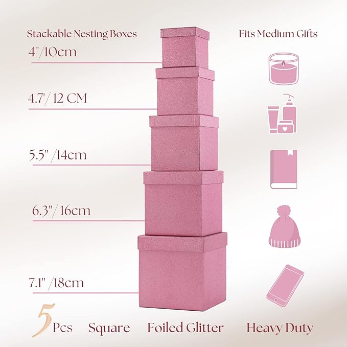 UNIQOOO 5Pcs Christmas Pink Glitter Gift Box Set w/Lid, Assorted Size, Rose Gold Square Nested Wedding Paper Box Tower Organizer for Party, Thanksgiving, Gift Wrap Packaging