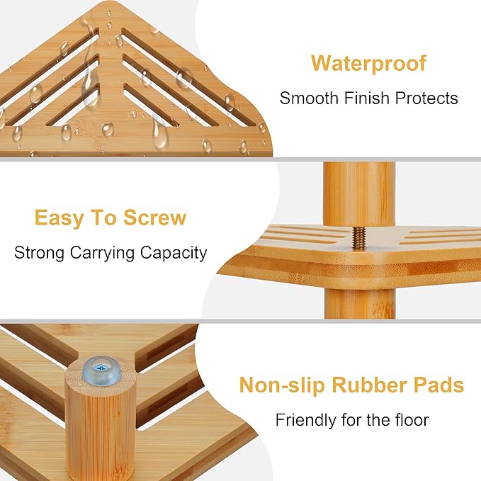 Bamboo Corner Shower Stool for Inside Shower Shaving Legs, Waterproof Bathroom Bench Seat with Storage Shelf for Small Spaces, Foot Rest, Bath Seat