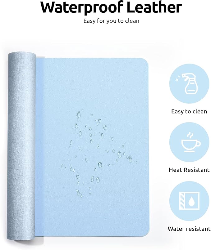 YSAGi Leather Desk Protector, Office Mat, Large Mouse Mat, Non-Slip PU Leather Blotter, Laptop Desk Pad, Waterproof Writing Pad for Office and Home (Baby Blue, 31.5" x 15.8")