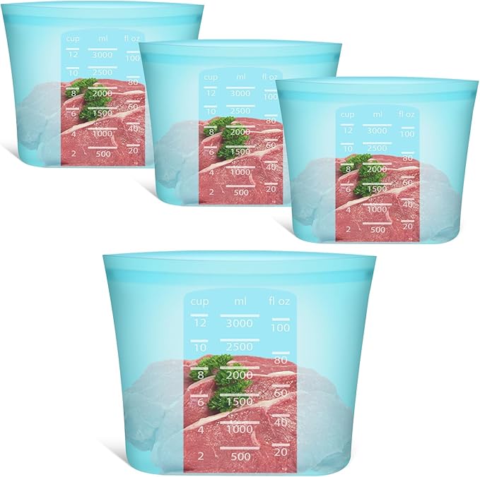 Reusable Food Storage Bags Extra Large, 0.8 Gallon/101 fl.oz/3000 ml, 4 Pack 100% Silicone Food Storage Bags Stand-Up Wide-Mouth Zip-Lock for Large Items, Freezer Microwave Oven Dishwasher Safe, Blue