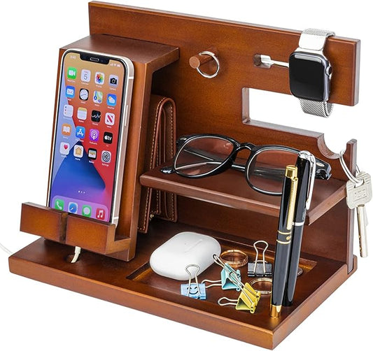 awofer Wood Phone Docking Station Nightstand Organizer for Men - Key Holder Wallet Stand iWatch Organizer Ring Hanging - Gadgets Gifts for Husband Boyfriend Dad Son Birthday Anniversary Fathers Day