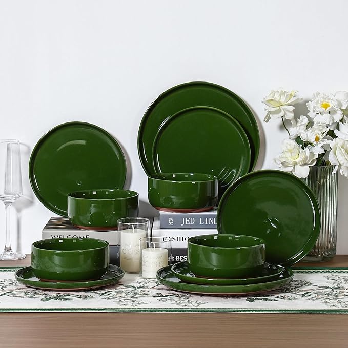 GZG Modern Art Series - 18 Pcs Speckled Stoneware Plates and Bowls Sets, Ceramic Dinnerware Set with Rustic Terracotta Underside, Microwave and Dishwasher Safe Handcrafted Dishes Set - Verdant Green