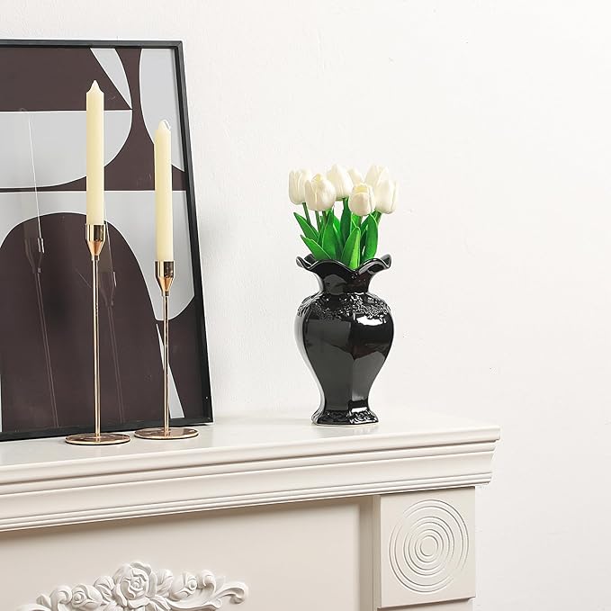 Black Ceramic Vase, Decorative Vase for Modern Home Decor, Farmhouse Minimalist Decor, Boho Flower Vases for Living Room, Bedroom, Kitchen, Dining Table, Office, Wedding, 8.5 Inches